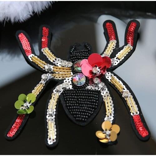 Beaded Crystal Red Diamond Spider Patches Badge Sequins Embroidery Applique Sew on Embossed Clothes Craft Sewing