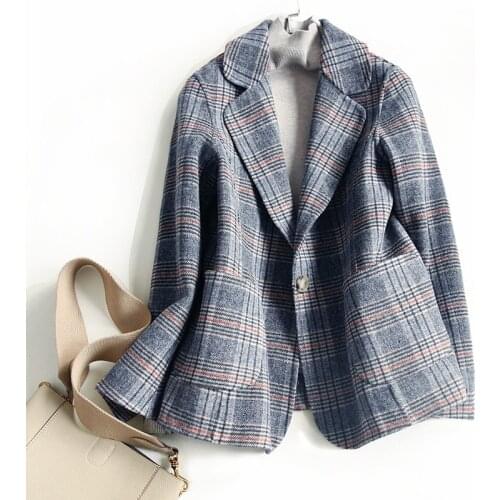 Women Wool Blazer 80%Wool 20%Poly Plaid Office Lady Blazer Single Button Two Pocket Jacket Spring Autumn Wool Coat Female K276
