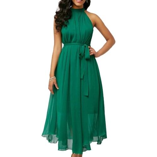 Plus Size Women Summer Solid Color Pleated Chiffon Sleeveless Belted Maxi Dress