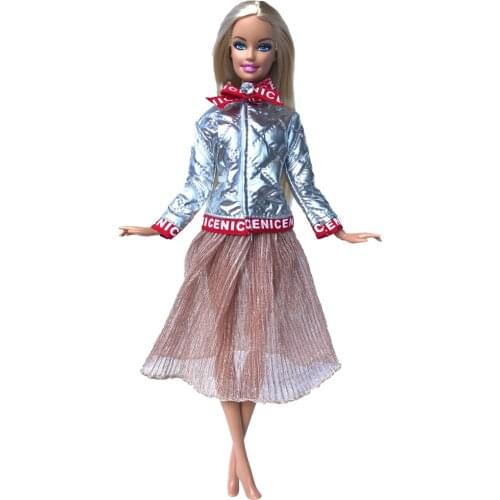 1 Set Doll Long Sleeve Pu Coat Fashion Pleated Skirt Outfit Accessories Dress Casual Wear Clothes for Barbie Doll Baby Toys