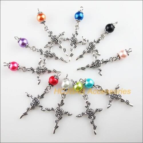 10 New Cross Flower Charms Mixed Glass Beads Pendants Tibetan Silver 23x52mm