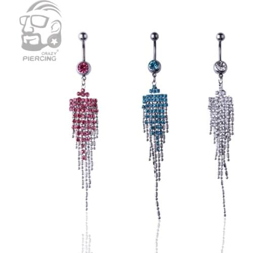 2018 Chic Crystal Tassel Rhinestone Ferido Belly Bar Navel Belly Button Ring Belly Body Piercing jewelry 3 colors