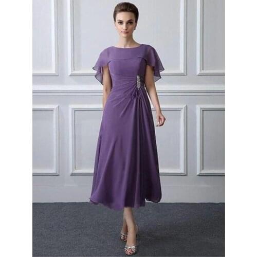 2021 Purple Tea Length Chiffon Mother of the Bride Dresses Jewel Neckline Wedding of Groom Gowns