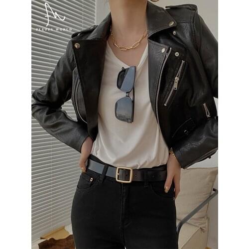 2021 New Women Spring Faux Leather Jacket Zipper Basic Coat Turndown Collar PU Motorcycle Jacket Biker with Belt FLUFFY WORLD