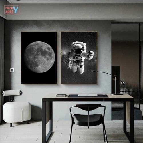 Astronaut And Moon Canvas Painting Black and White Posters And Prints Space Wall Art Pictures For Living Room Home Decoration