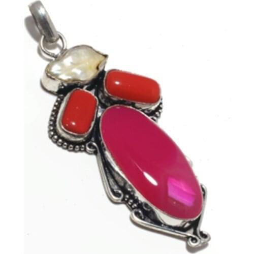 Botswana Agates + Biwa Pearls + Coral Pendant Silver Overlay over Copper , 80 mm, P6850