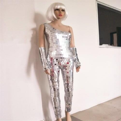 DC105 Ballroom dance dj costumes silver mirror robot suit women sexy stage show wears disco bar club performance dresses party