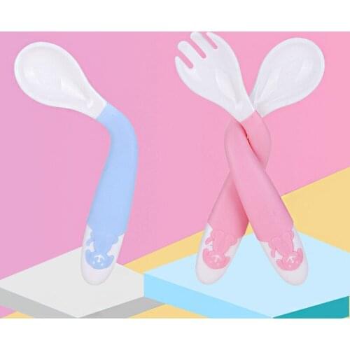 Baby Bendable Silicon Spoon & Fork Set Smooth Edge Angle of Bend Convenient for Toddlers Infants Kids Learn to Eat Safe Feeding