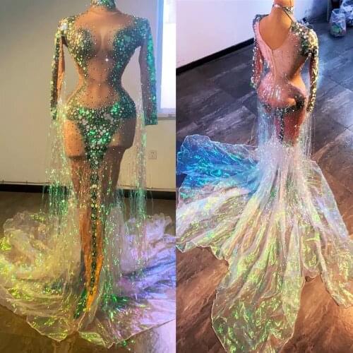 Designer Sparkling Rhinestone Sequins Party Mermaid Long Dress Women Stretch Nude Crystal Tassel Evening Dress Singer Stage Wear