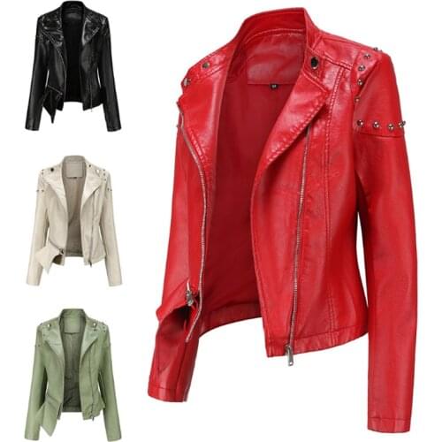 The New 2021 Rivet Fashion Stand-up Collar Leather Jacket Womens Solid Color Jacket Womens Spring and Autumn Jacket Womens Cl