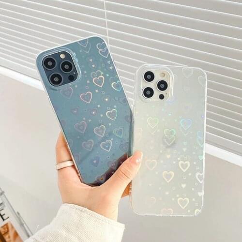 Discolor Love Heart Clear Case For iPhone 11 12 Pro Max Laser Soft Art Cute Cover XS Max XR X 7 8 Plus SE 2020 Shockproof Bumper