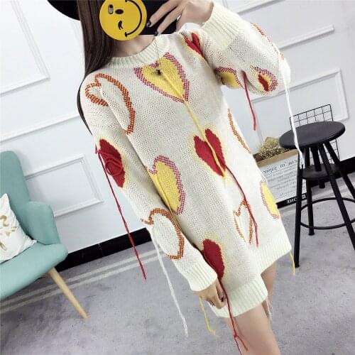 Pullover Sweater 2021 Long O-neck Heart Print Sweet Long Sleeve Knit Autumn Spring Fashion Sweaters Vestidos LXJ1049
