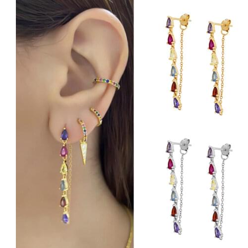 Colorful water drops Luxurious 925 Sterling Silver Stud Earrings For Women CZ Earring Chain Tassel Jewelry Gift pendientes A40