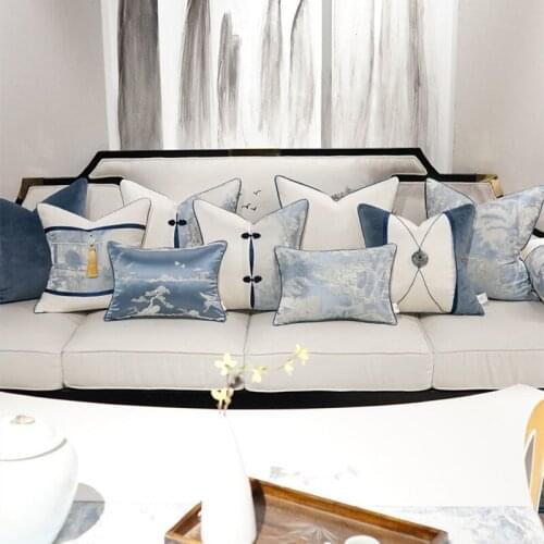Blue White Cushion Covers Trees Tassels Patchwork Chinese Style Pillow Cases for Sofa Car Bedroom Living Room