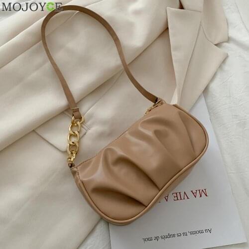 Fashion Pleated Chain Handbag Totes Portable Women PU Leather Solid Color Casual Underarm Shoulder Bags Travel Clutche