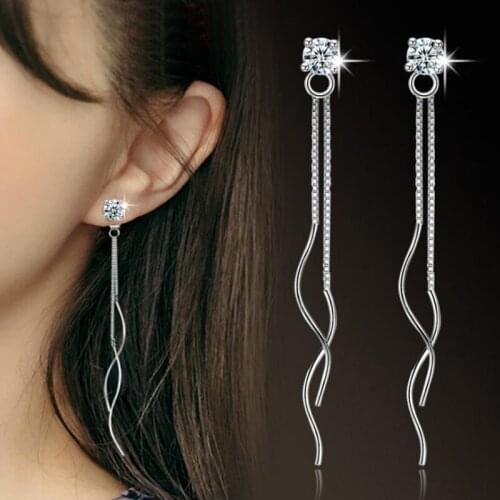 Womens Fashion Jewelry Shining Crystal Earrings Silver Chain long Ear Tassels Ear Line Dangle Korean Style Earrings Long