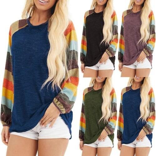 Womens Casual O-Neck Contrast Color Long Sleeve Top Colorful Stripe Long Sleeves Loose Plus Size Fashion Comfortable T-shirt