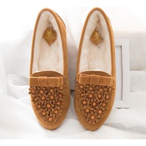 Women height increasing plush shoes flower rivets platform shoes women winter warm bow shoes beading moccasins fur ballet flats