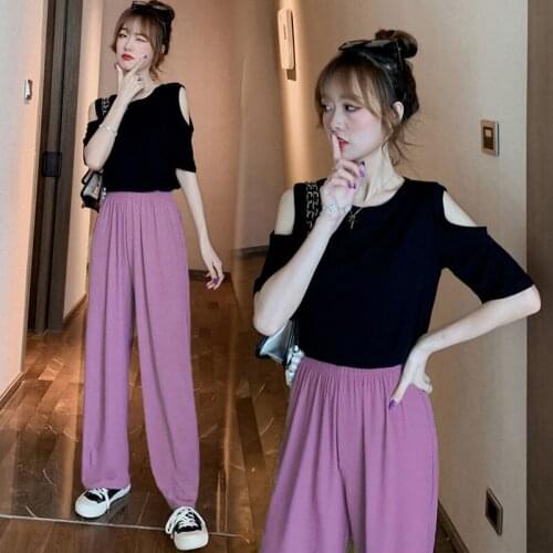 Summer Korean Fashion Strapless T-shirt Tops and Casual Loose Ice Silk Wide Leg Pants Suits Womens Two-piece Suit Women Y958