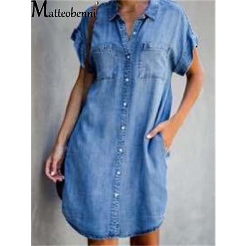 2021 Summer Dress Women Short Sleeve Pockets Single-Breasted Irregular Hem Knee-Length Denim Dress Loose Casual Style Vestidos