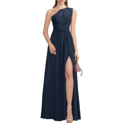 2019-2020 A Line One Shoulder Floor Length Chiffon Lace Bridesmaid Dress With Split Long Front Prom Formal Dresses