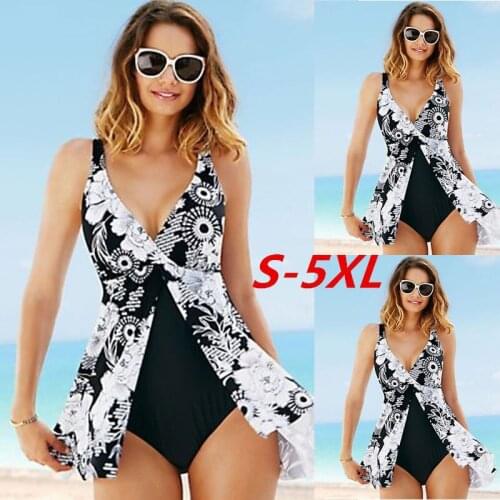 2020 New Plus Size XXXL One Piece Swimsuit with Skirt Sexy Deep V Print Bird Vintage Big Swimwear Beach Large 5XL Bathing Suit