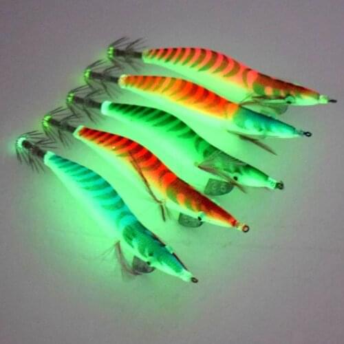 5pcs Colorful Squid lure Luminous fake shrimp 3.0# 3.5# Double Tandem hooks needles Cuttlefish Bait Noctilucent Sea Boat Fishing