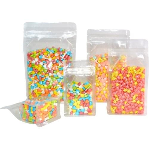 50 Pcs Transparent Flat Bottom Box Pouch Stand Up Zip lock Pouch Eight Sides Seal Bag Side Gusset Standing Plastic Coffee Bags