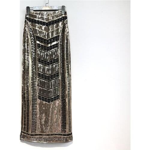 Cakucool Retro Sequins X Long Skirt Bohemian gold Beading Empire Skirt Silm Bodycon Runway Back Slit Beach Party pencil Skirt