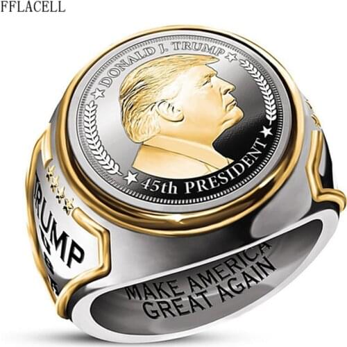 FFLACELL Fashion Unique Hip-Hop Punk US President Trump Portrait Two-Color Ring Men And Women Party Jewelry