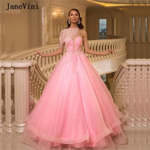 JaneVini Charming Pink Princess Long Quinceanera Dresses Ball Gown One Shoulder Sequins Beading O-Neck Tulle Puffy Vestido De 15