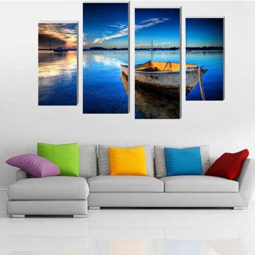 JIE DO ART 4 Panels Canvas Blue Sea and Boat On Canvas Wall Art Picture Home Decor