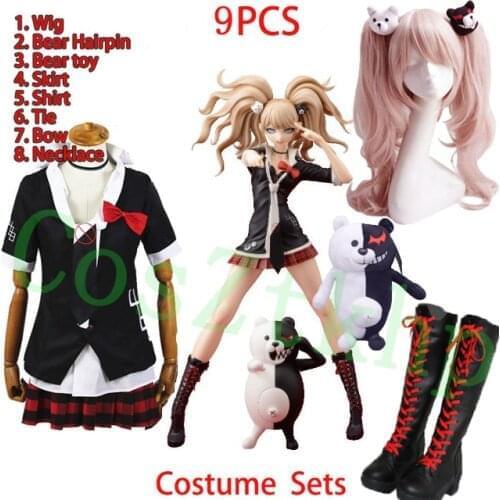 Full Sets Dangan Ronpa Enoshima Junko Cosplay Costume Pink Long Wig with Bear Hairpins Danganronpa Cosplay Skirt Shirt Bear Toy