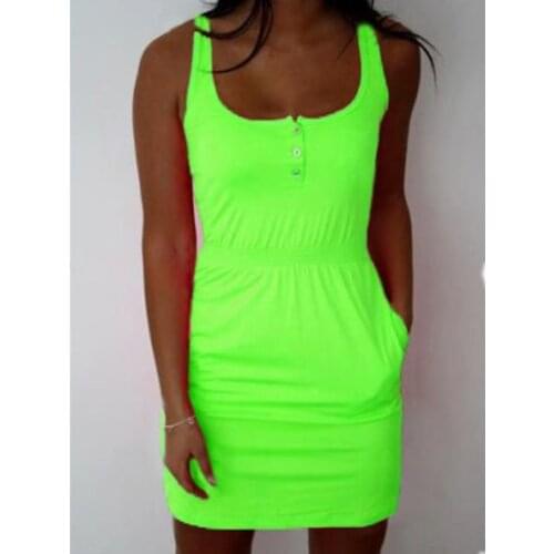 Summer Spaghetti strap Beach Dress Neon Green Women Elastic waistband Sleeveless Loose clothes Ladies Beach Dress plus size