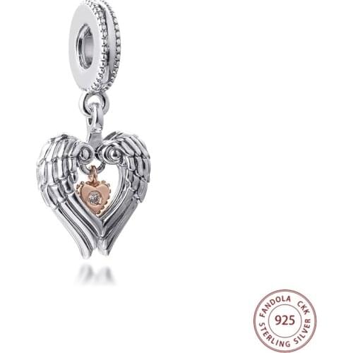 Fits Pandora Bracelet 925 Sterling Silver Club 2021 Angel Wings & Heart Dangle Charms Beads DIY Fine Jewelry Making Bijoux Femme
