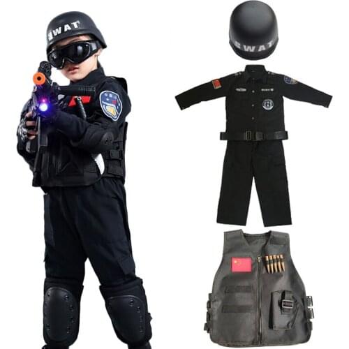 American Special Force Police Costume for Kids Tactical Military Vest Jacket Pants Helmet Toys Policeman Cosplay Kit Halloween