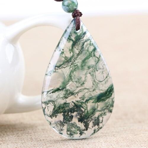QIANXU Drop Water Chalcedony Jade Necklace Pendant Hand Carved Lucky Blessing Necklace Pendant Fine Jewelry
