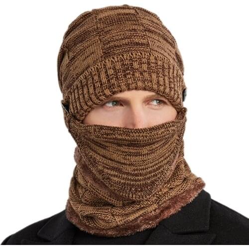 Three-piece Hat Scarf Mask Mens Autumn And Winter All-match Warm Wool Knitted Hat Plus Velvet Padded Cycling Hat