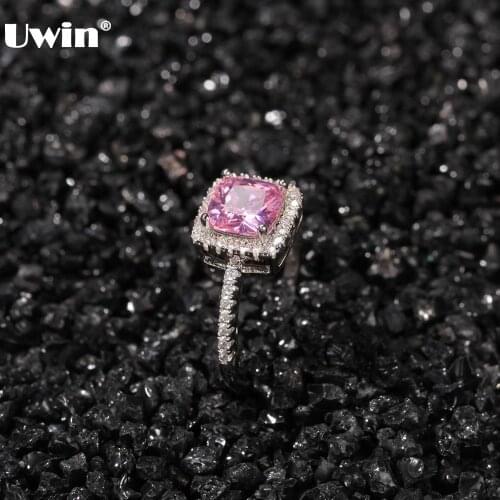 UWIN 2020 New Square Pink CZ Rings Copper Gold Color Iced Out Cubic Zirconia Rings Hip Hop Fashion Jewelry Gift Women