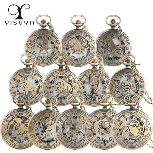 Vintage Zodiac Pattern Pocket Watch Modern Necklace Chain Copper Retro Style Twelve Constellation Men Women Clock Relogio Gift