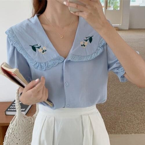 Alien Kitty Embroidery Florals Sweet Peter Pan Collar Chic Women Blouse Stylish 2021 Hot New Summer Lace Patchwork Femme Shirts