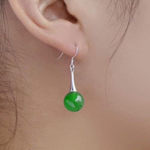 Ladys Tibetan Silvers 10mm Natural Green Natural Stone Round fashion Earrings