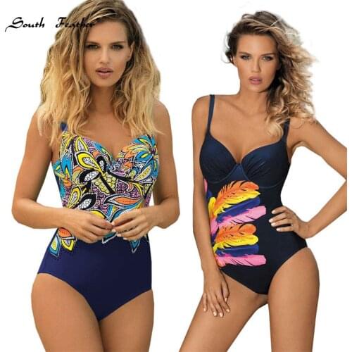 South Feather One Piece Swimsuit 2019 Swimwear Women Push Up Monokini Bodysuit Plus Size Swimwear Beach Wear Retro Bathing Suit