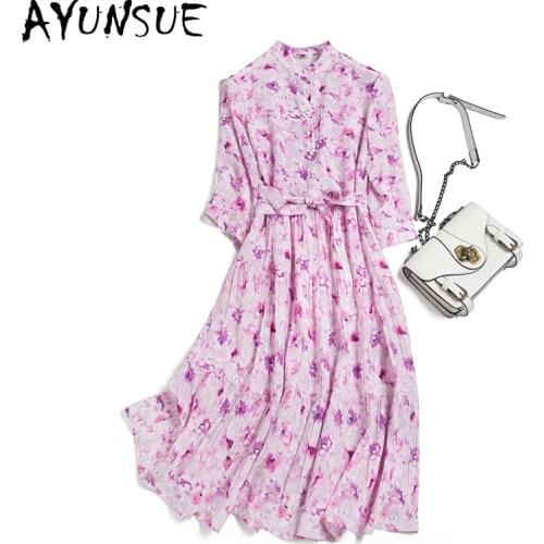AYUSNUE Floral 100% Silk Dress Women Spring Summer 2021 Pink Midi Shirt Dresses for Women Party Fashion Vestido De Mujer KJ7138