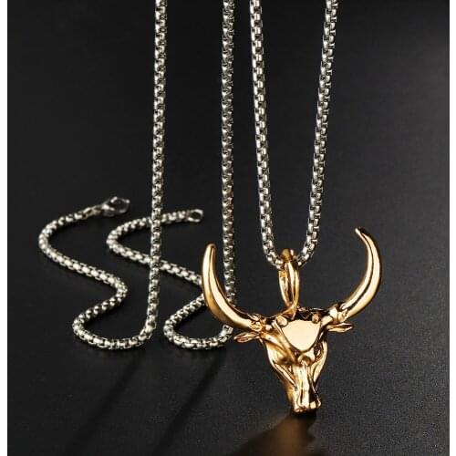 Trendy Stainless Steel Ox Head Pendant Rock Big Horn Gold Color Long Chain Necklaces For Women Men Fashion Party Jewelry Gift