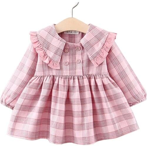 Winter Fall Newborn Baby Girls Lapel Knee-length Dress Clothes Long Sleeve Plaid Children Kids 3 4 5 Year 6 12 18 Month