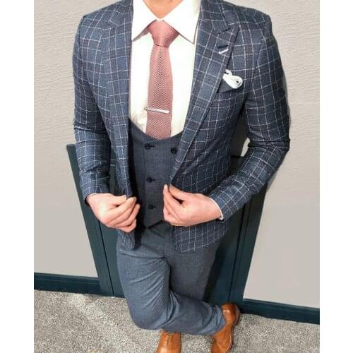 Custom Mens Suit Jacket Winter Smart Casual Polyester Plaid V-Neck Single Breasted Slim-Fit Cocktail Party Wedding Suit
