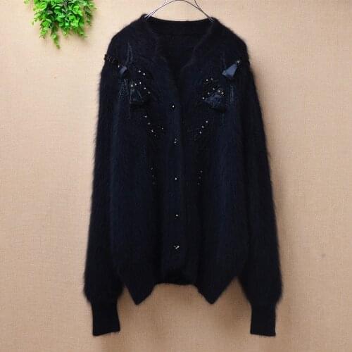 Top quality korea women vintage plush angora rabbit fur beading floral weave knitted long sleeves cardigans sweater coat winter