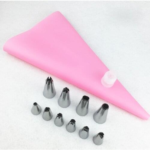 LINSBAYWU 12PCS/Set Silicone Icing Piping Cream Pastry Bag + 10 Large Small Stainless Steel Nozzle Set DIY Cake Decorating Tips