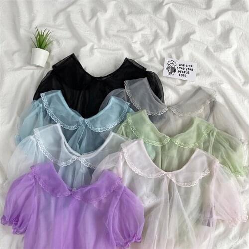 Sweet Womens Transparent T-shirt Inner Shirt Peter Pan Collar Blouse Lace Trim Tee Cute Girl Fit Summer Tops Candy Colors